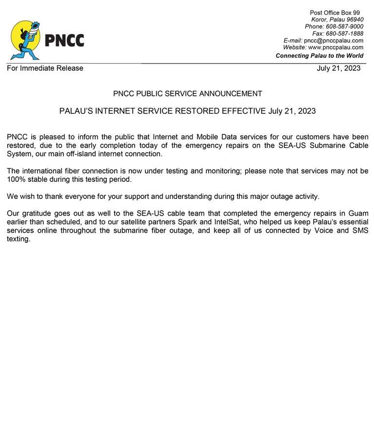 Palaus Internet Service Restored Effective July 21 2023
