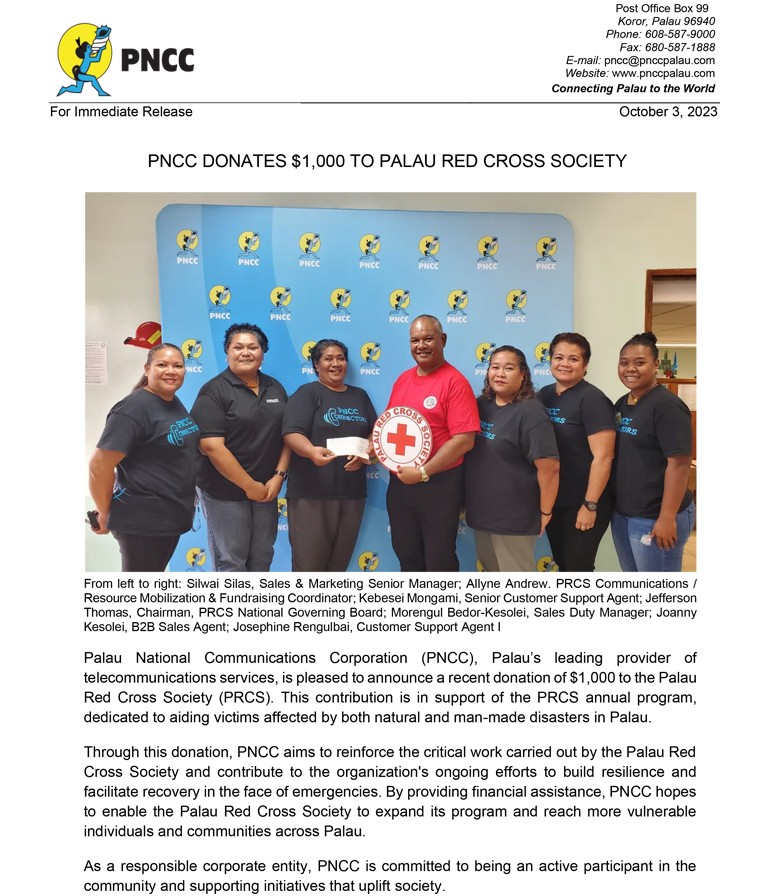 Pncc Donates 1000 To Palau Red Cross Society
